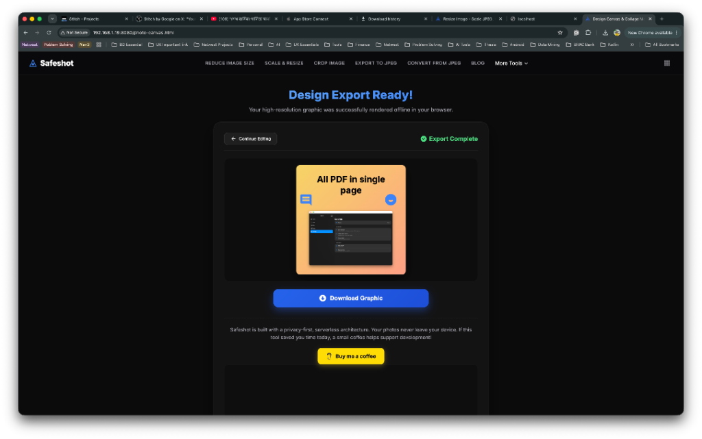Design Canvas Success screen preview and download actions
